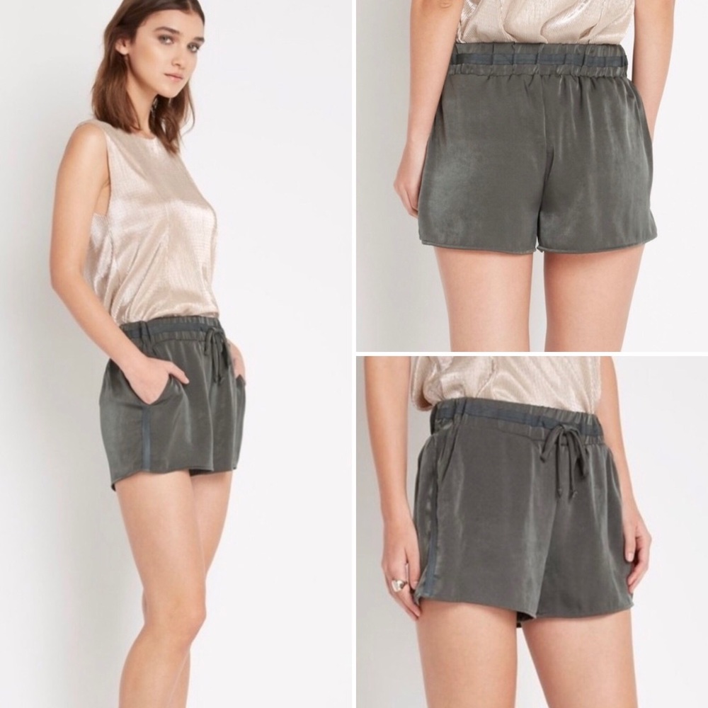Satin Front Tie Drawstring Shorts - Olive